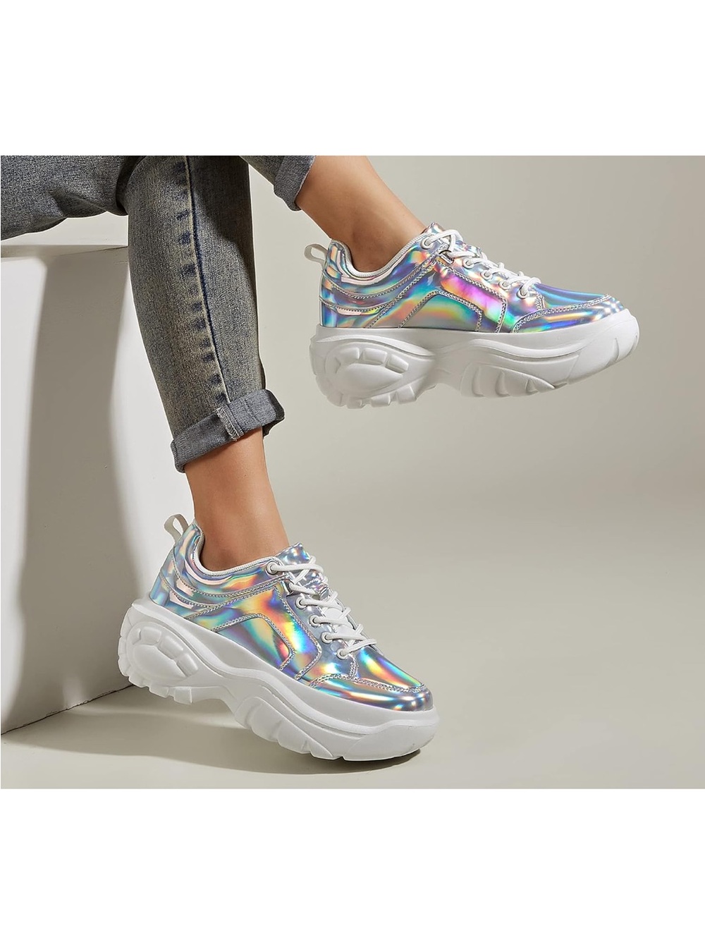 Holographic Platform Sneakers for Women - Silver Iridescent